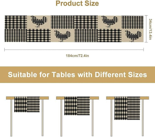 Farm Animal Chicken Hen Black White Buffalo Plaid Check Table Runner, Farmhouse Chick Table Decoration Home Kitchen Dining Indoor Holiday Farmhouse Decor 13x70 Inch