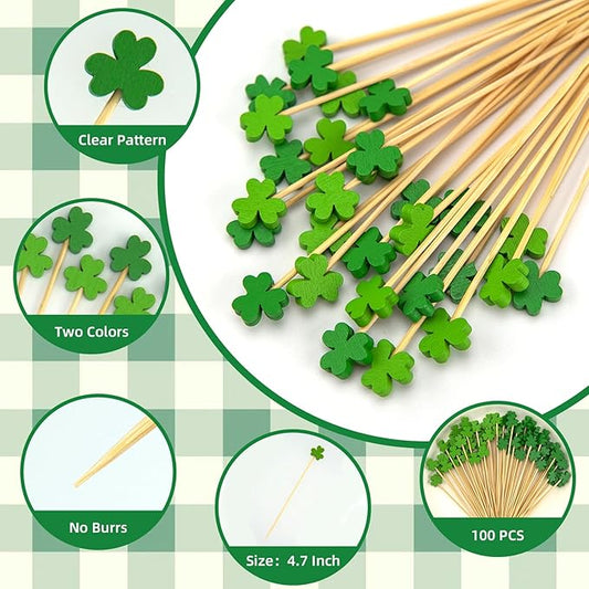 100 Pcs St. Patrick’s Day Shamrock Cocktail Picks, 4.7" Green Bamboo Toothpicks for Appetizers, Drinks Party Decorations, Irish-Themed Disposable Food Skewers for Holiday Celebrations