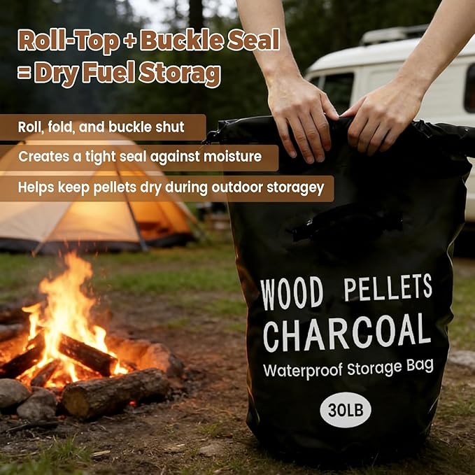 30LB Waterproof Wood Pellet Storage Bag, Heavy Duty 500D PVC Charcoal & Grill Pellet Bag with Dual Shoulder Straps & Carry Handles, Foldable BBQ Fuel Storage with Buckle Seal, Label Pocket & Scoop