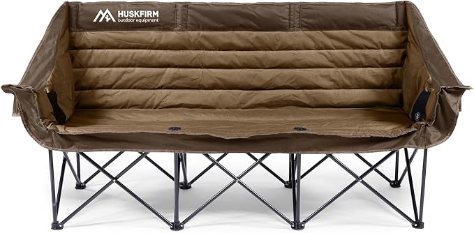 Huskfirm 3 Person Camping Chairs Folding Double Camp Chair for Adults Brown | Oversized Loveseat Camping Chair Padded Heavy Duty Camping Couch for Outdoor Lawn with Two Cup Holders and Carry Bag