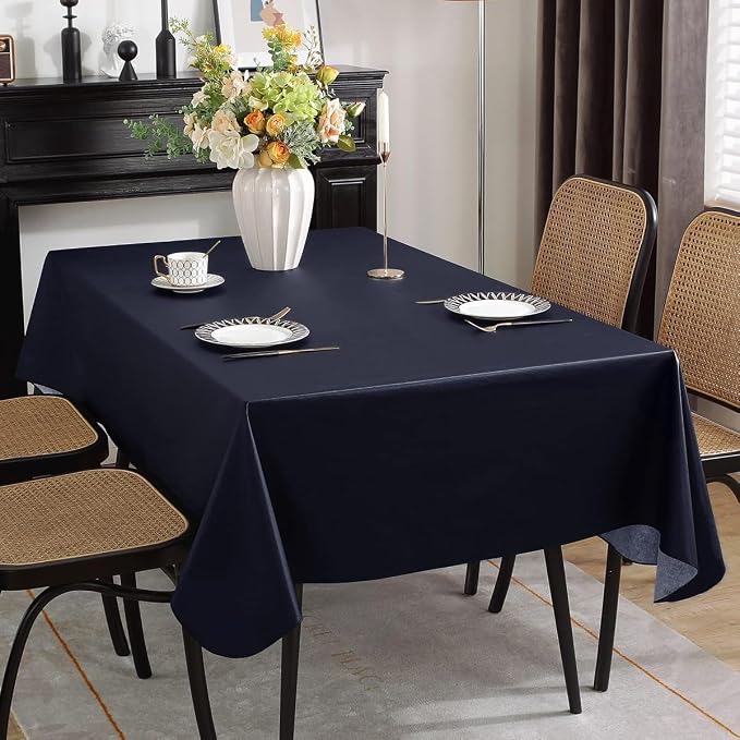 SASTYBALE Navy Blue Vinyl Tablecloth with Flannel Backing, 52 x 70 Inch | Waterproof PVC Surface, Wipeable Rectangular Table Cover for Kitchen, Dining, Patio, BBQ, Picnic and Party Use