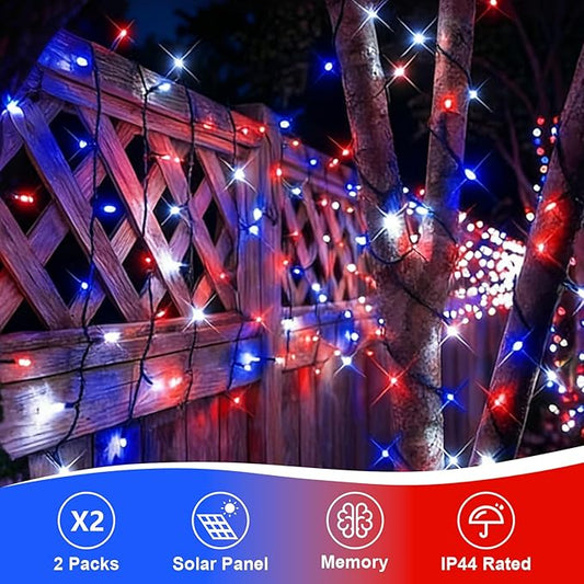 QITONG Red White and Blue Solar String Lights, 2 Pack Each 66ft 200 LED 4th of July Lights Outdoor Waterproof, 8 Modes Green Wire Patriotic Led Lights for Independence Memorial Day Decor