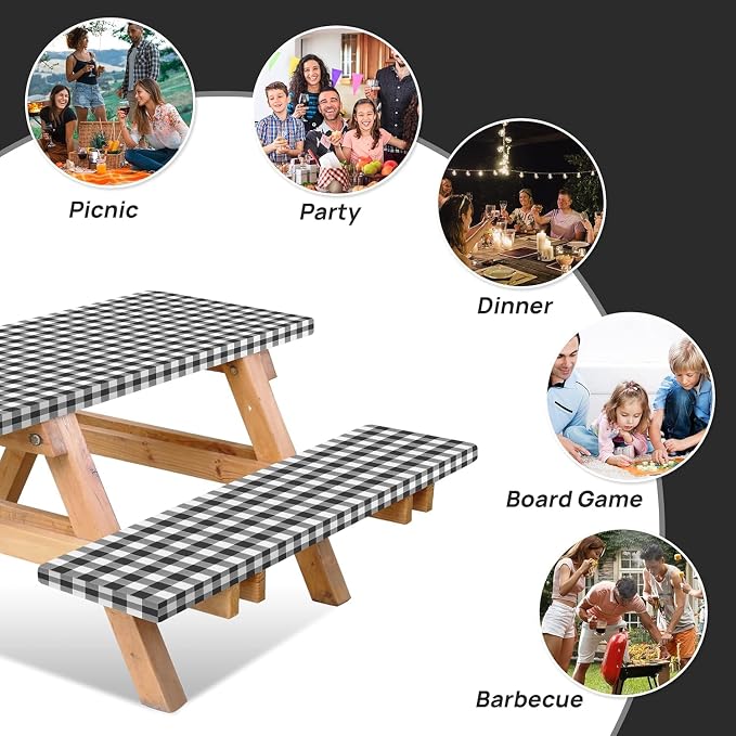 Vinyl Fitted Picnic Table Cover with Bench Covers & Bag 8ft Black Checkered | Vinyl Fitted Picnic Table Cover with Bench Covers and Bag, Outdoor Waterproof Windproof Picnic Tablecloth with Elastic Edges.