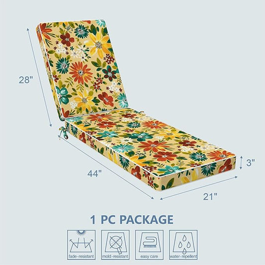 LVTXIII Outdoor Chaise Lounge Cushion 72x21x3 Inch, Water-Repellent Patio Seat Cushion with Ties & Hidden Zipper, Thick Foam Pad for Lawn Chair, Poolside, Patio Furniture, Floral Multi