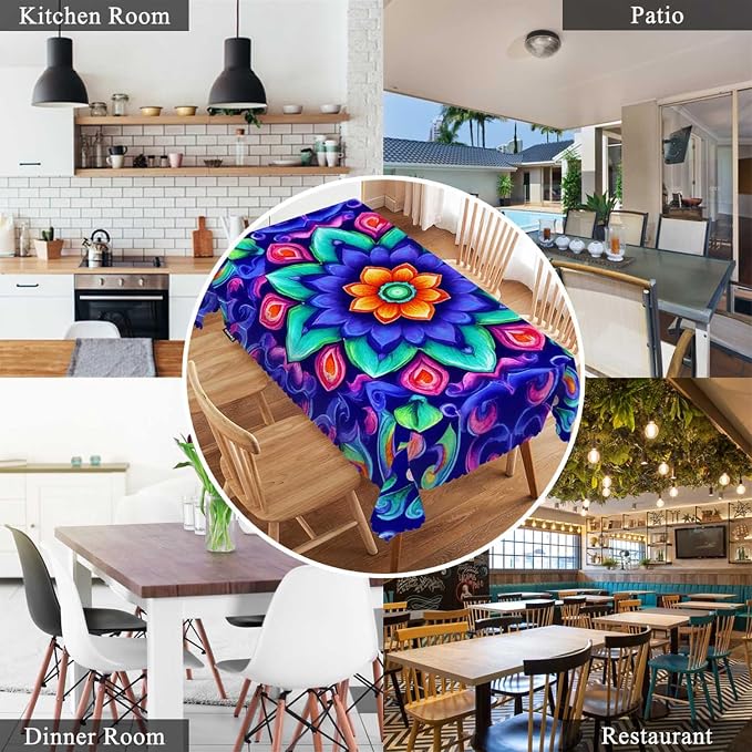 Swono Tablecloth 52"X70" Mandala Blue, Watercolor Mandala Floral Pattern Rectangle Table Cover Anti-Oil Tablecloth for Dining Tables, Parties, Wedding and Banquet Decoration