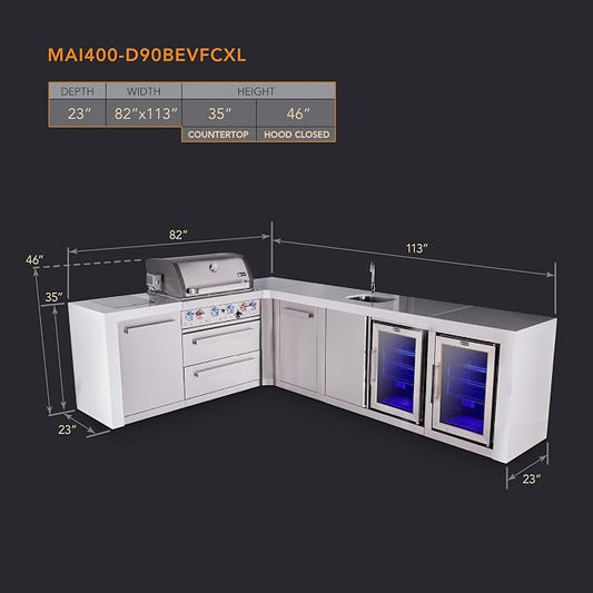 Mont Alpi Premium 4-Burner 82"x113" L-shaped 400 Deluxe Stainless Steel Modular Outdoor Kitchen Island BBQ Gas Grill + Beverage Center Refrigerator Faucet & Sink + Storage Drawers & Cabinets + Cover