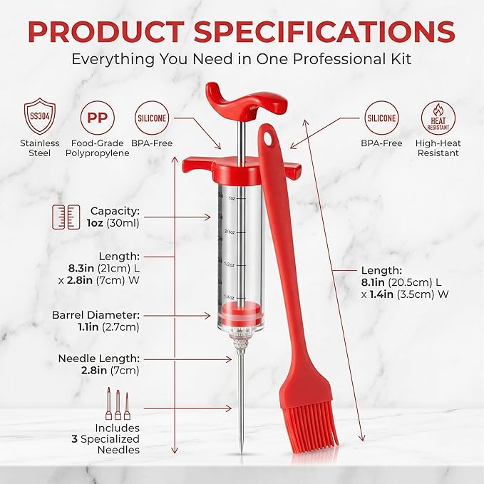 Li&Zhao Meat Injector Syringe Kit - 1-Oz Capacity with 3 Stainless Steel Needles, Cleaning Brush, Silicone Basting Brush-Essential Turkey Baster Syringe for Moisture-Infused BBQ, Smoked Meats, Pork