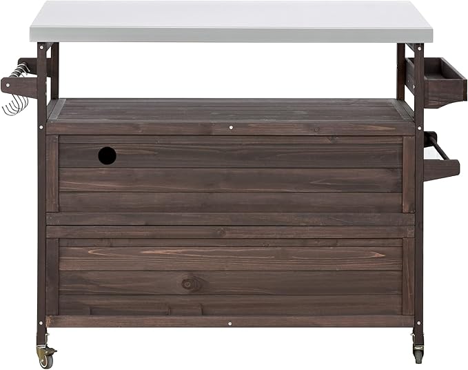 LUMISOL Outdoor Grill Cart with Stainless Steel Top, Farmhouse Solid Wood Kitchen Island with Storage Rack, Outdoor Rolling Bar Cart & Storage Cabinet with Spice & Towel Rack, Dark Brown