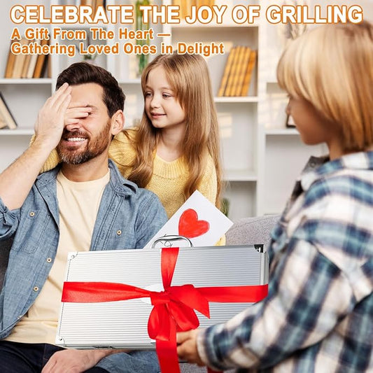 POLIGO 26Pcs Exclusive BBQ Grill Accessories in Aluminum Case for Birthday Fathers Day Grilling Gift - Grill Utensils Set with Barbecue Claws, Meat Injector, Thermometer for Smoker, Camping BBQ Black