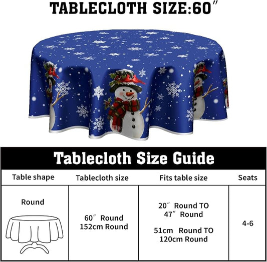 Sweetshow Xmas Snowman Blue Table Cloth Round Winter White Snowflakes Tablecloth 70 Inch Decor Washable Stain and Wrinkle Resistant Winter Round Table Cover for Dining Picnic