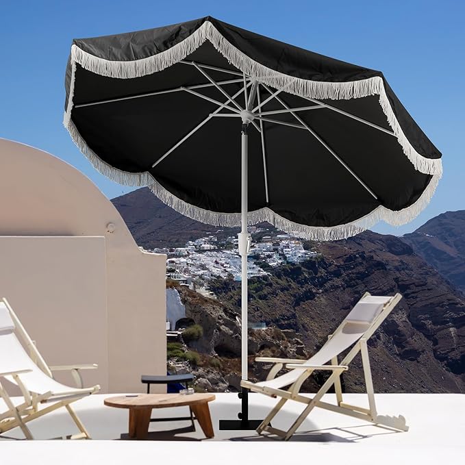 Tempera 9ft Auto Tilt Scalloped Patio Umbrellas with Fringe, Outdoor Table Umbrellas with Fade Resistant Canopy, 8 Sturdy Rids, Luxurious Vintage Umbrellas for Lawn, Pool, Deck, Balcony