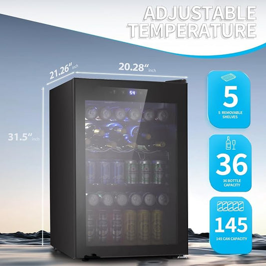 Antarctic Star Beverage Refigerator Cooler -145 Can Mini Fridge for Soda Beer or wine,with glass door, For Office or Bar with Adjustable Removable Shelves,4.5 Cu. Ft. (Black)