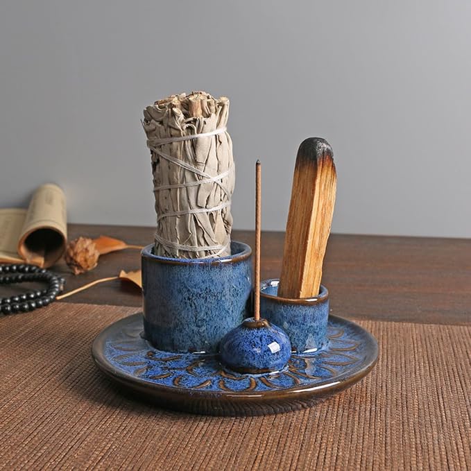 4-in-1 Ceramic Incense Burner Holder for Sticks/Palo Santo/Sage/Candle | 5.12" Ceramic Ash Catcher Tray with Holder, Designed for Meditation, Yoga Room & Home Decor Spaces