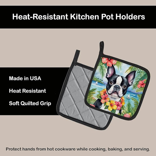 Caroline's Treasures Boston Terrier Luau Pair of Pot Holders Kitchen Heat Resistant Pot Holders Sets Oven Hot Pads for Cooking Baking BBQ, 7 1/2 x 7 1/2