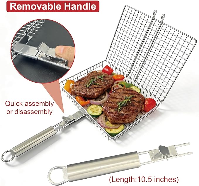 Grill Basket, Stainless Steel Fish Grill Baskets for Outdoor with Detachable Handle - Perfect for Fish, Meat, Vegetables and Ideal as Grilling Gifts for Dad, Barbecue Accessories for Camping and Cooking Essentials.