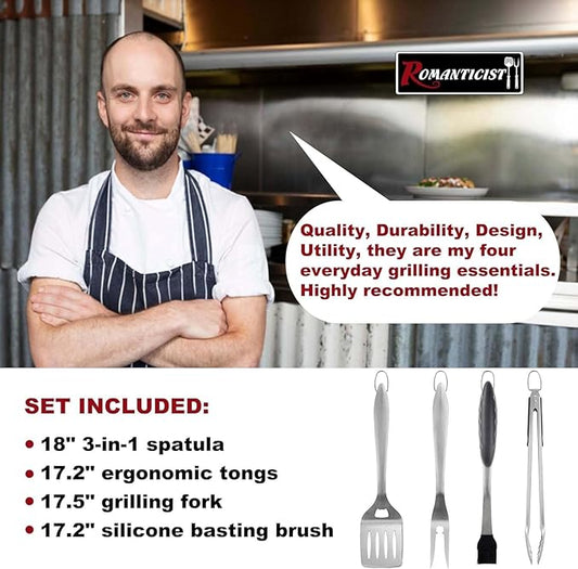 ROMANTICIST 4pcs Heavy Duty Grill Accessories for Top Chef - Professional Grill Tool Set & Basic BBQ Tools for Backyard Restaurant Outdoor Kitchen - Deluxe Grill Gift for Dad on Fatherโs Day Christmas