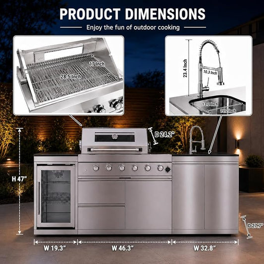 98" Outdoor Kitchen Island with 6-Burner Propane Grill, 72,000 BTU Stainless Steel BBQ Station with Refrigerator, Sink, Side & Rear Burners, Rotisserie, Granite Countertop and Storage, Silver