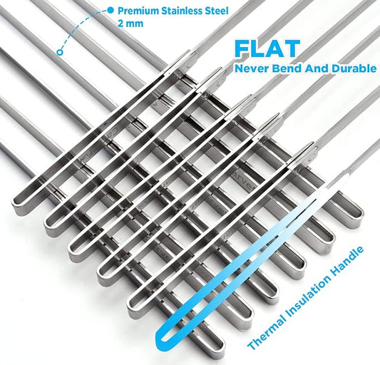 Innovative Thermal Insulation Handle BBQ Skewers Set - 6 Stainless Steel Wide BBQ Kebob Sticks For Grill - Flat Metal With 1 Food Remover Bar - 16.7' Inch Metal Kabob Skewers