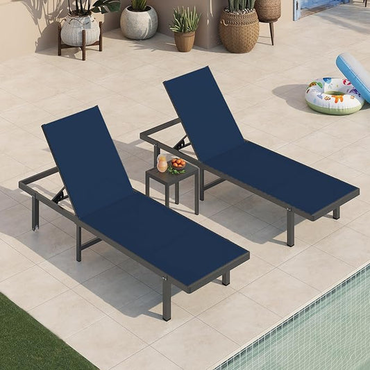 Lounge Chair Outdoor with Wheels, Aluminum Patio Chaise Lounge Chair with 5 Adjustable Backrest - Easy to Move- Pool Lounge Chairs for Deck, Beach, Poolside (NavyBlue)