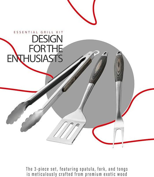 Grilaz Stainless Steel BBQ Tool Set with Veined-Dyed Wooden Handles | Heavy Duty Grilling Accessories | 3-Piece Outdoor Barbecue Grill Utensil Set with Spatula, Fork, and Tongs - Ideal Gift for Menโฆ