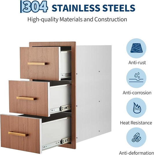 Garvee Outdoor Kitchen Drawers 16" W x 28.5" H x 20.5" D, Flush Mount Triple Access BBQ Drawers with Stainless Steel Handle for Outdoor Kitchens, BBQ Island, Patio Grill Station