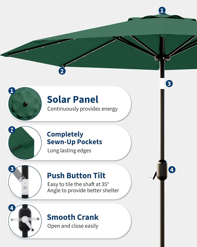 GarveeLife 10 ft Patio Umbrella with Solar Lights, 8 Ribs Outdoor Market Table Umbrella with 40 LED Lights & Tilt Crank for Pool, Deck, Backyard (Dark Green)
