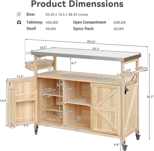 LUMISOL Outdoor Grill Cart with Stainless Steel Top, Farmhouse Solid Wood Kitchen Island with Storage Rack, Outdoor Rolling Bar Cart & Storage Cabinet with Spice & Towel Rack, Natural
