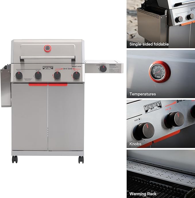 Monument Grills 4+1 Burner Stainless Steel 525 sq.in Propane Gas Grill, 49,000 BTU, Assembles in 30 Mins, Outdoor Mesa 2 Patio Grill with Broil Zone, Side Burner, Foldable Side Shelf, Mesa II 415BZ