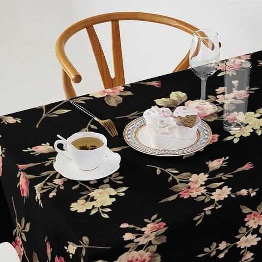 Vintage Flower Tablecloth, Black Pink Garden Florals Rustic Roses Boho Botanical Plant Water Resistant Wipeable Table Cover for Picnic Party Holiday Kitchen Dinner Table 55"x75"