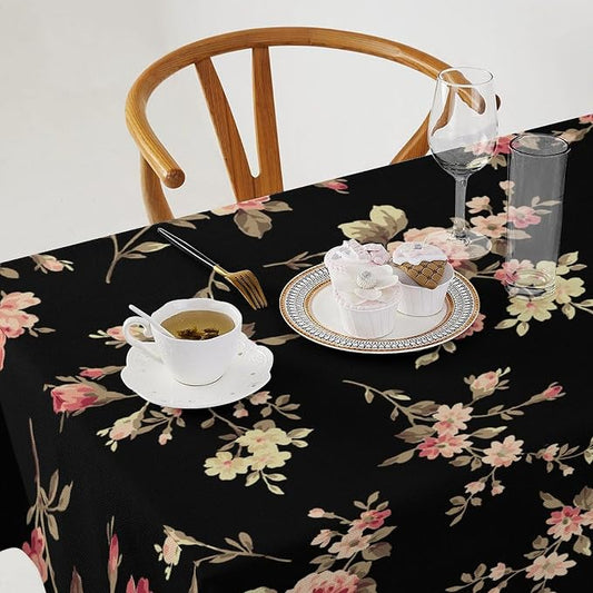 Vintage Flower Tablecloth, Black Pink Garden Florals Rustic Roses Boho Botanical Plant Water Resistant Wipeable Table Cover for Picnic Party Holiday Kitchen Dinner Table 55"x55"