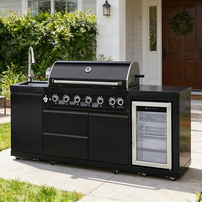 82" Modular Outdoor Kitchen Island with Grill, 6-Burner 83,500 BTU Propane BBQ Island, 304 Stainless Steel, Refrigerator, Sink & Rotisserie, for Backyard and Patio Cooking, Black
