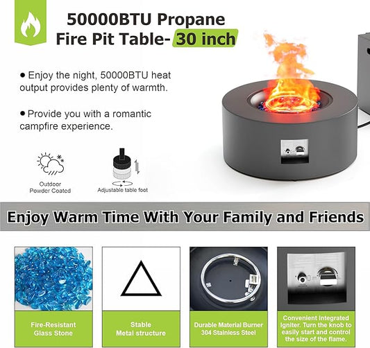 2-Piece Outdoor Propane Fire Pit Table Set w Tank Side Table 30'' Round Fire Pit Table 2-in-1 Firepit Table for Outside Patio Gas Fire Pit w 304 Stainless Steel Burner 50,000 BTU, Dark Gray
