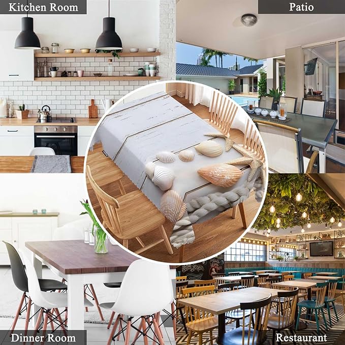 Swono Sea Shells Table Cloth Rustic Wood Seashell Starfish Marine Rope Rectangle Tablecloth Picnic Table Cover BBQ Table Cloth Polyester for Kitchen Home 50x72 Inch