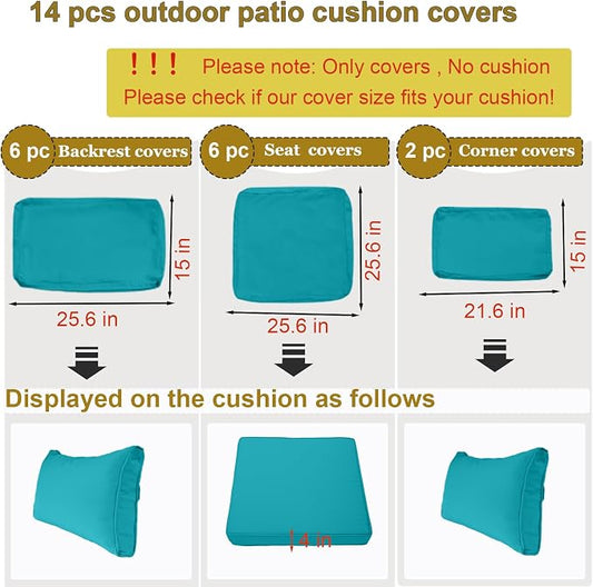 14 Piece Outdoor Patio Cushion Cover Replacement, Waterproof Patio Cushion Covers, Outdoor Furniture Cushion Covers Set for 6 Seat Wicker Rattan Sofa (Turquoise)