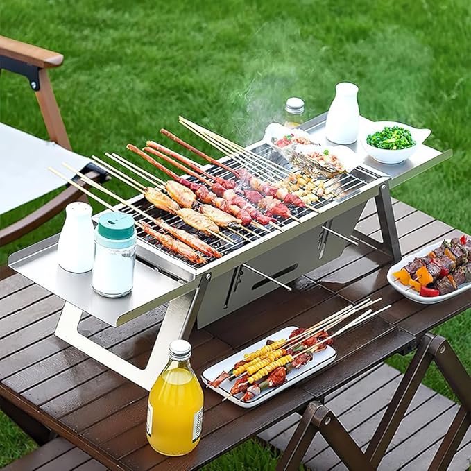 Portable Charcoal BBQ Grill, Foldable Compact Camping Barbecue with Space-Saving Design, Small Grill for 1-3 People for Garden Beach Picnic Tabletop Use