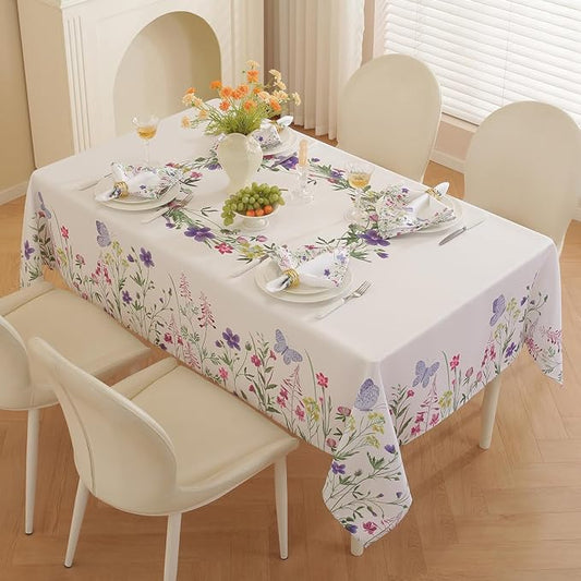 SASTYBALE Spring & Summer Floral Tablecloth 60 x 102 Inch Rectangular | Wildflower & Butterfly Printed, Rectangle Table Cover, Waterproof Spill Proof Wrinkle Free for Dining, Party, Indoor, Outdoor