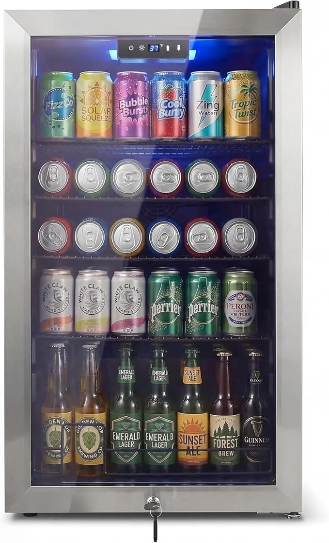 20 Inch Beverage Refrigerator, Mini Fridge with Glass Door for Soda Beer– 130 Can Small Fridge for Home Office Bar, 3.4 Cu.Ft Drink Cooler with Reversible Door, Digital Temperature Control