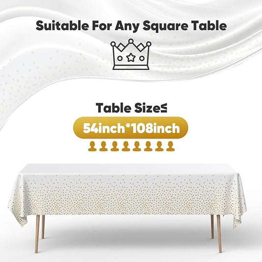 12Pack Plastic Table Cloth Disposable, 54”x108” White and Gold Table Cloths for Parties, Waterproof and Greaseproof Gold Dot Rectangles Tablecloth for Party Decorations BBQ,Wedding,Fine Dining