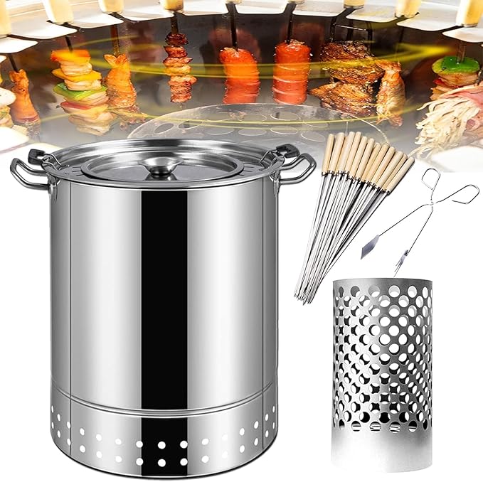 BBQ Hanging Stove Charcoal Barrel BBQ Grill BBQ Hanging Stove Stainless Steel BBQ Grill Mesh Barrel with 20pcs Kabob Skewers Rolling Grilling Basket Camping Barbecue Rac(Size:Double Layer,Co