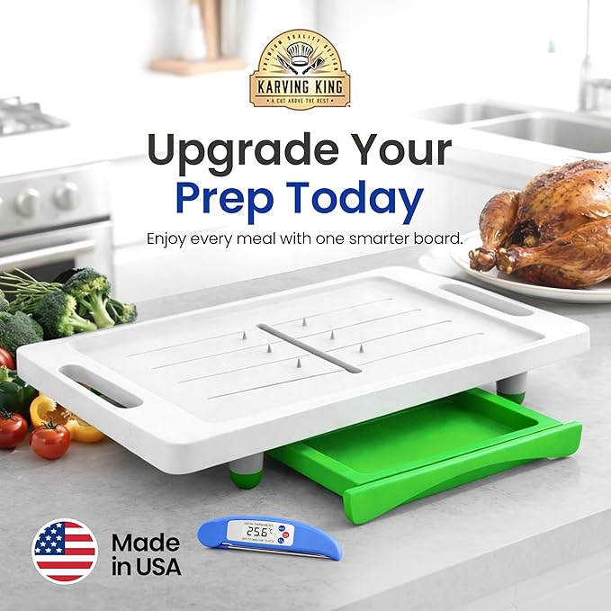 Large Cutting Board - XL Deluxe Meal Prep System with Meat Thermometer, Juice Groove, Spikes, Drip Tray & Removable BPA Free Cutting Board - Patented Multi-Feature Design Carving Board - Kitchen Gifts