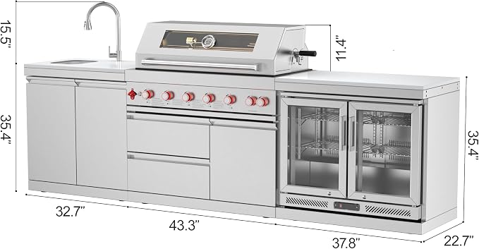 SERA C 6-Burner Propane 3-Piece Outdoor Kitchen with Sink Fridge | 87900BTU + infrared back burner, 115L double fridge, dual sink with pull-out faucet, 304 stainless steel, locking casters