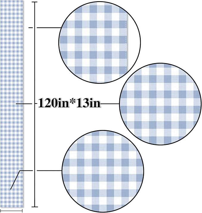 Dusty Blue Gingham Table Runner Light Blue Checkered Boy Girl Baby Shower Birthday Party Decoration Home Dining Kitchen Island Decor (13" x 120")