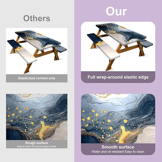 Marble Picnic Table Cover with Table Cover, Outdoor Picnic Table Elastic Tablecloth, Blue and Gold Abstract Design, Camping, Barbecue and Terrace Dining Tablecloth