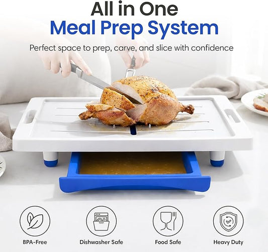 Large Cutting Board - XL Deluxe Meal Prep System with Meat Thermometer, Juice Groove, Spikes, Drip Tray & Removable BPA Free Cutting Board - Patented Multi-Feature Design Carving Board - Kitchen Gifts