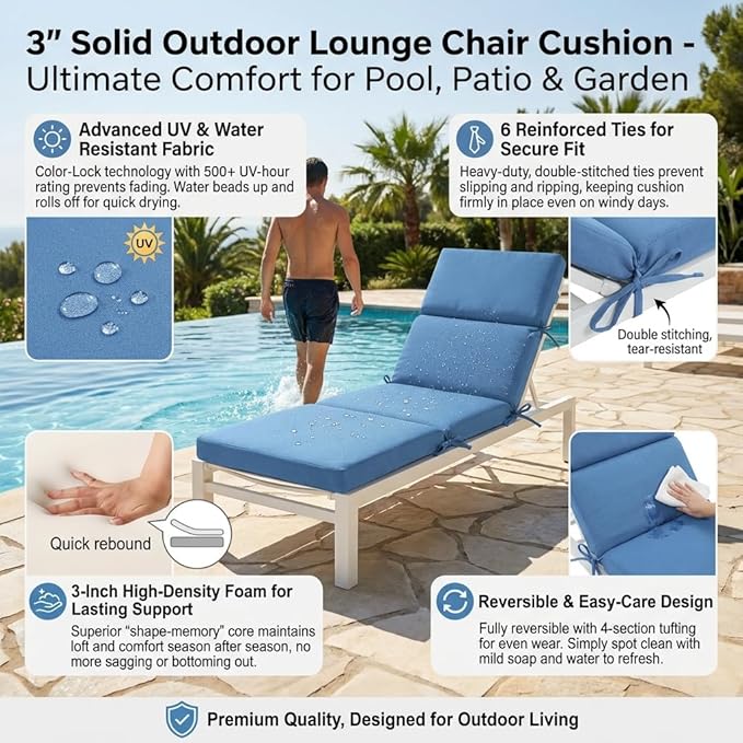 3" Solid Outdoor Lounge Chair Cushion, 74 x 22.5 inch Weather Resistant Chaise Lounge Cushion with 6 Ties for Patio Pool Furniture