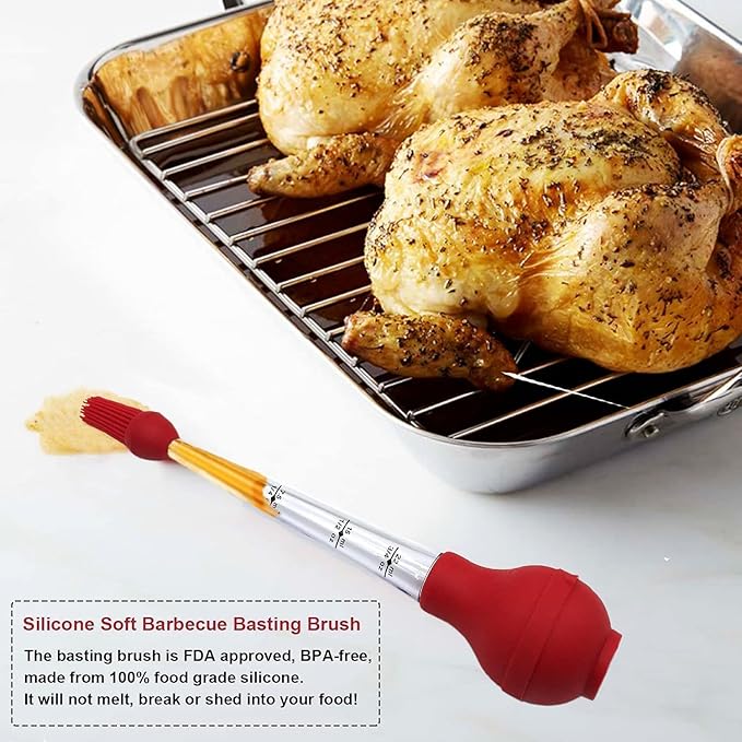 KAYCROWN Turkey Baster Commercial Grade Quality Silicone Bulb Including 2 Meat Marinade Injector Needles with Barbecue Basting Brush and Cleaning Brush for Easy Clean Up