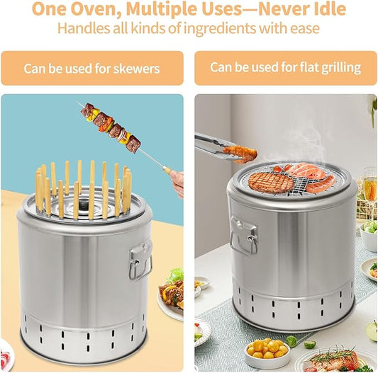 2-in-1 Charcoal Barrel Grill,Freely Switch Between the Grill Rack and Grill Mesh,20 Skewer Smokeless Portable Outdoor BBQ Grill with Stainless Steel Surround,Outdoor Cooking for Picnics Camping