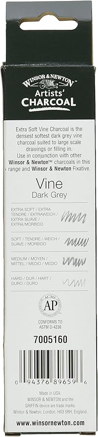 Winsor & Newton Artist Vine Charcoal Sticks, Extra-Soft, Box of 3 Sticks