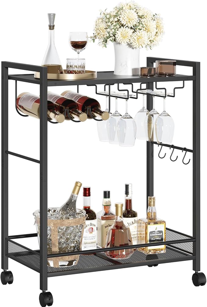 Joaxswe Bar Cart, Home Bar Serving Cart with 2-Tier Shelf,Rolling Beverage Cart with Wheels,Mobile Kitchen Shelf,Modern Black Wine Drink Cart with Wine Rack and Glass Holder for Kitchen,Dinning Room