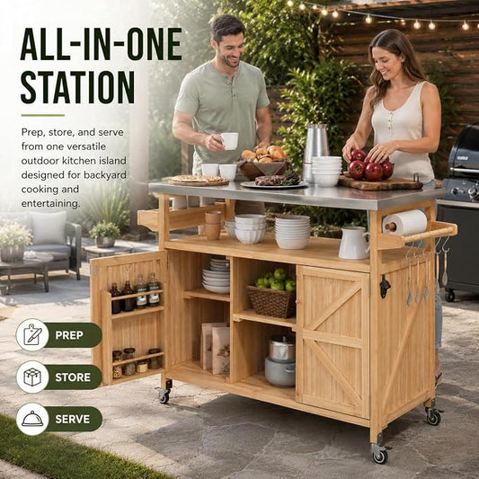 Outdoor Kitchen Island, 50.25" Rolling Grill Table with Storage Cabinet, 201 Stainless Steel Top Outdoor Bar Cart, Solid Fir Wood BBQ Prep Station with Adjustable Shelves, Spice Rack (Natural)